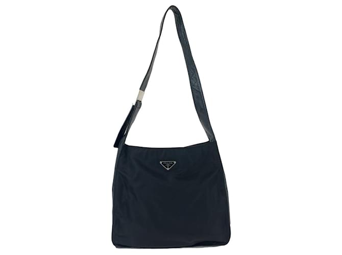 Prada Nylon/Leather Tessuto Triangle Logo Plate Shoulder Bag Black