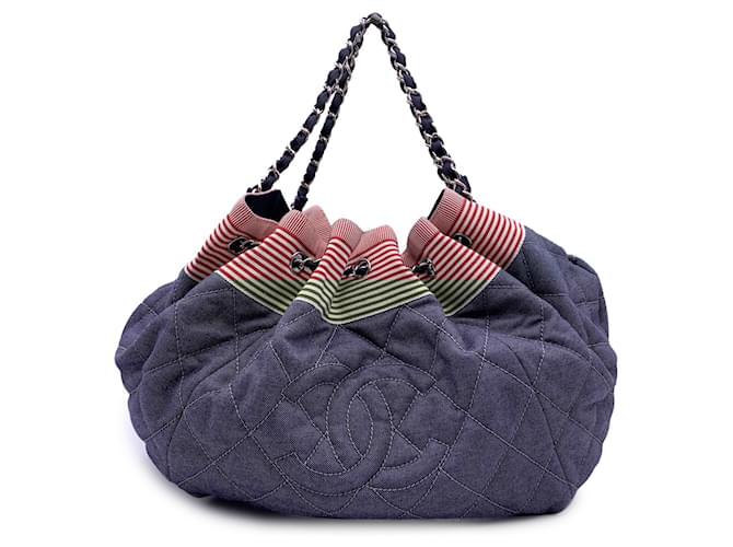 Chanel Blue Denim Coco Cabas GM Red Stripes Chain Drawstring Tote