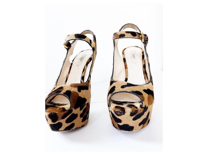 Prada Beige Brown & Black Leopard Print Pony Hair Open Toe Pumps