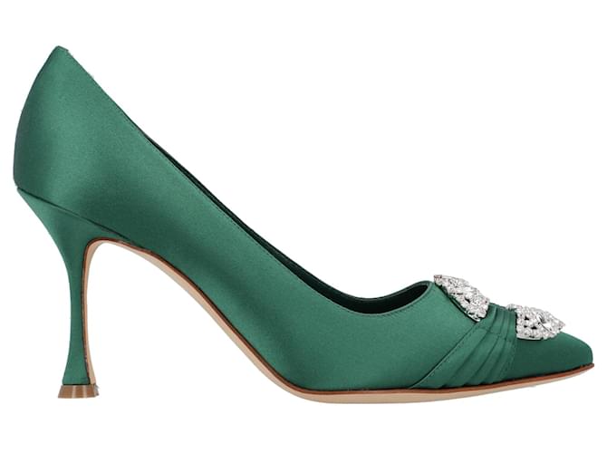 パンプス Manolo Blahnik Hangisi 090 Pumps Green HANGISI 90 | Green Satin Jewel Buckle Pumps | Manolo Blahnik