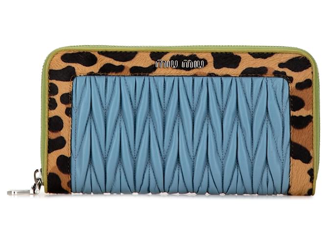 Miu Miu Blue Cavallino Leopard Print Nappa Matelasse Wallet