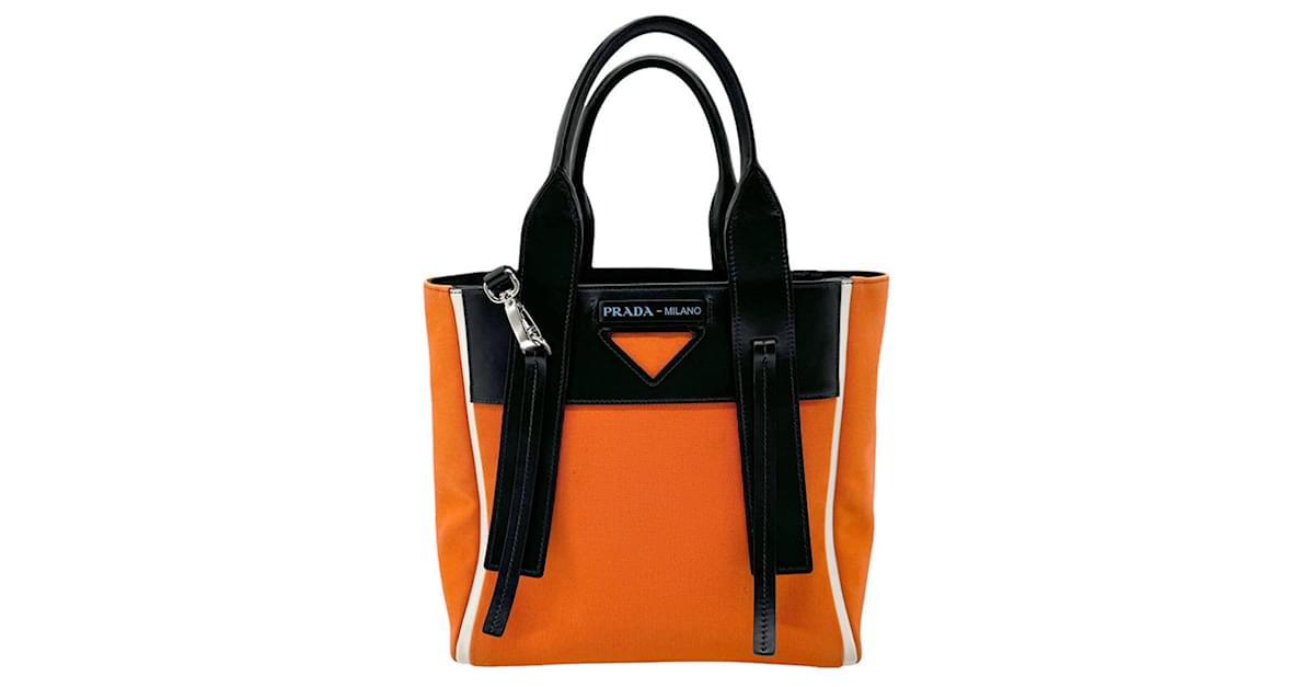 Prada Handbag Shoulder Bag Ouverture Black Orange Leather Cloth ref.1606851 Joli Closet