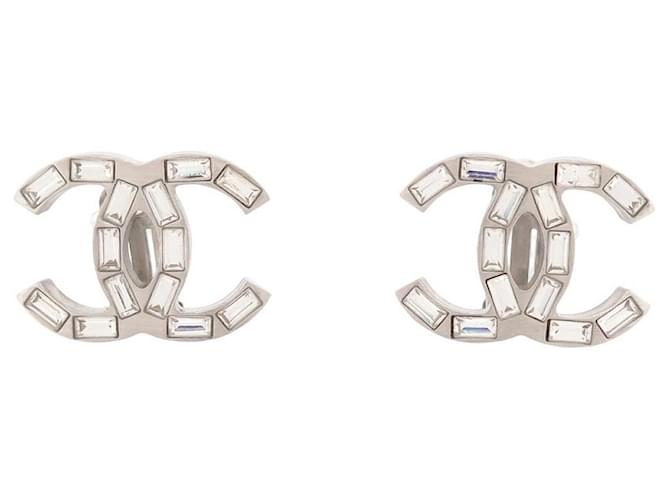 NEW CHANEL CC LOGO & STRASS SILVER METAL EARRINGS Silvery