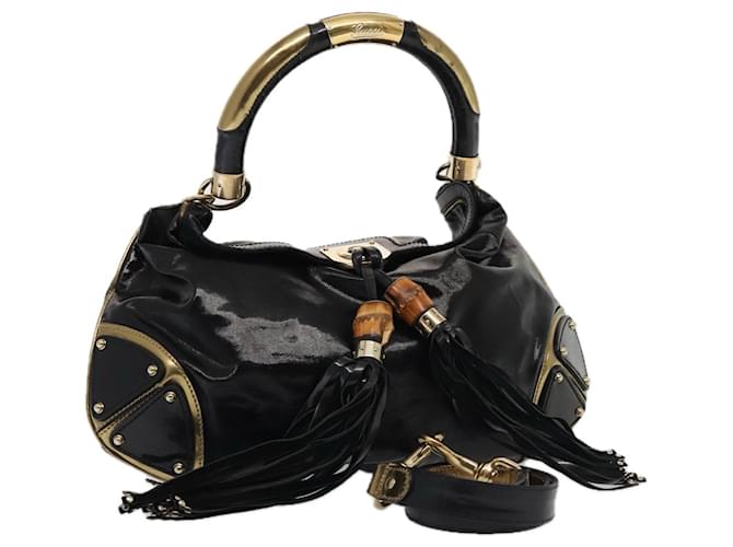 GUCCI Hand Bag Enamel 2way Black Gold 185566 Auth 86648 Golden ref
