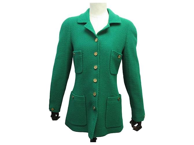 CHANEL グリーン ツイード テーラードジャケットCCロゴボタンM VINTAGE CHANEL JACKET LOGO CC BUTTONS SIZE M 38 IN GREEN