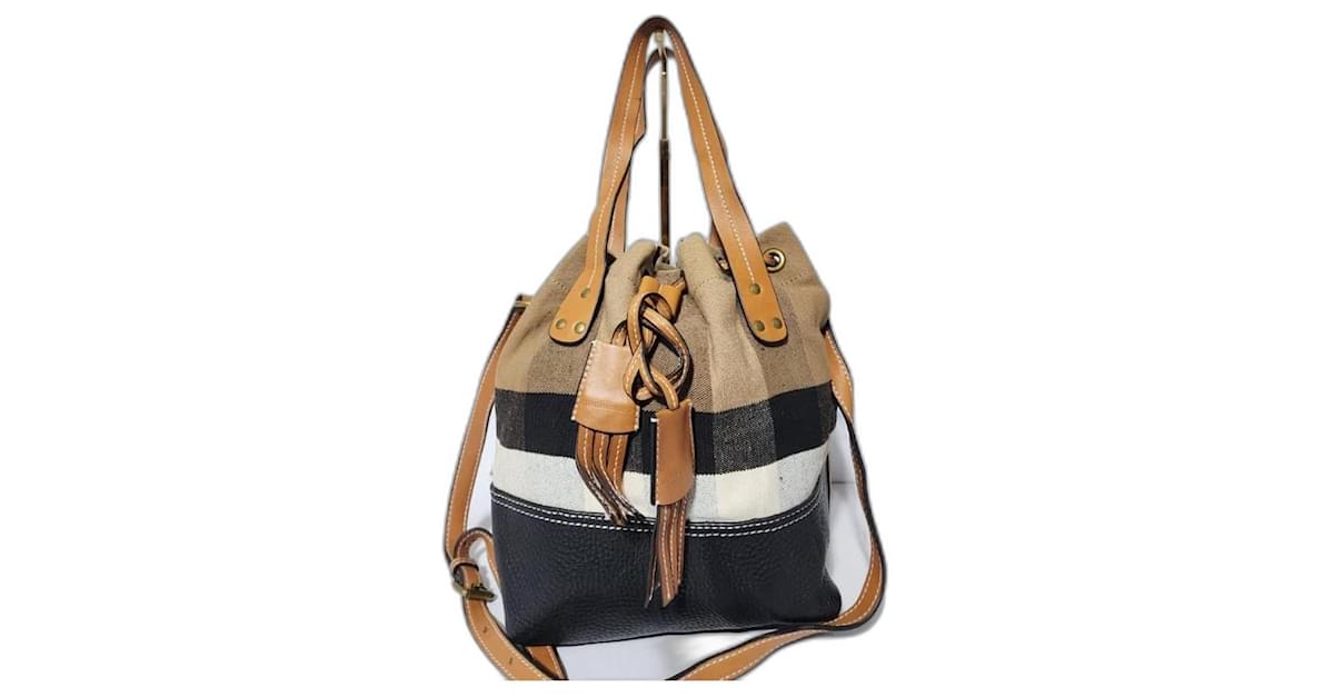 Burberry House Check Heston Bucket Bag Brown Beige Black Leather Cloth ref.1614700 Joli Closet