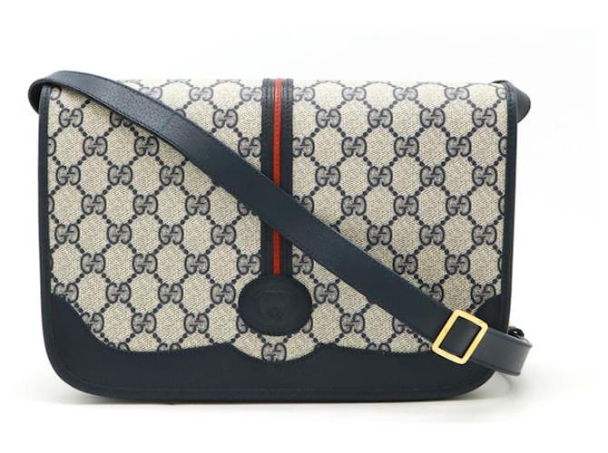 Gucci GG Plus Sherry Line Shoulder Bag Red Beige Navy blue Leather