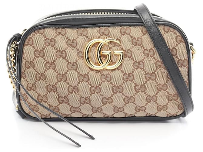 GUCCI GGマーモントキャンバス Gucci GG Marmont Canvas Shoulder Bag Black Beige Leather Cloth ref