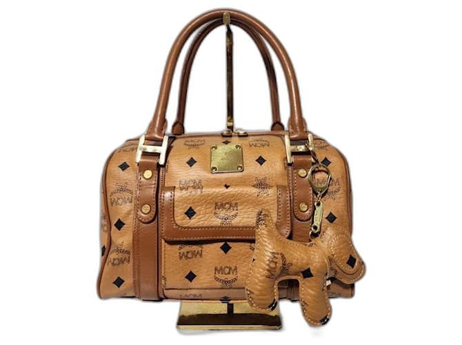 MCM Visetos Front Pocket Boston Bag with Dog Bone Charm Cognac