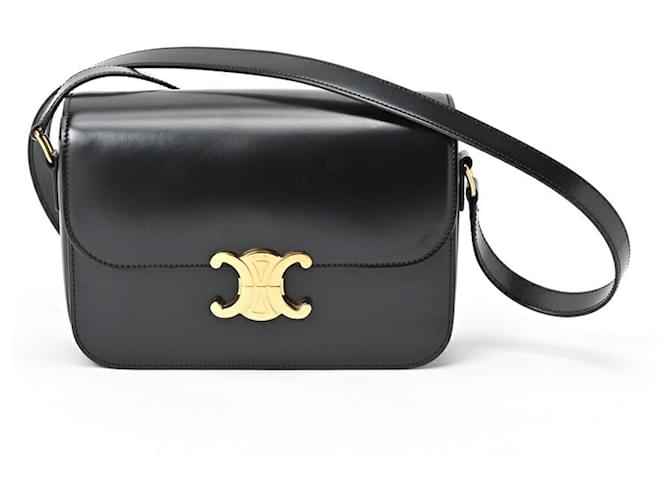 Céline Celine Classic Triomphe Shoulder Bag Black Leather