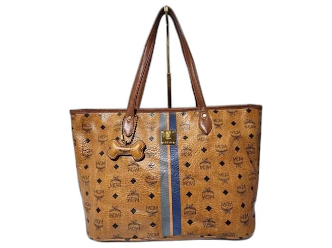 MCM Visetos Striped Shopper Tote Bag Cognac Brown Leather