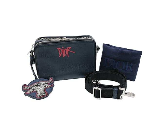 Christian Dior × Stussy Navy Leather Sling Bag Navy blue ref