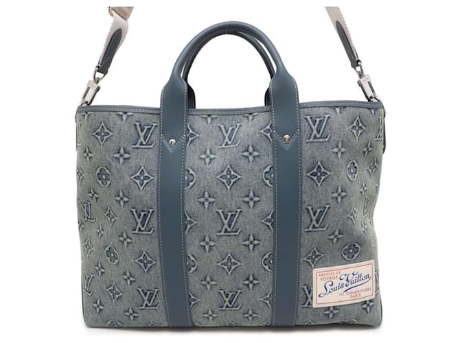 Louis Vuitton Monogram Washed Denim Tote Bag Blue Patent leather