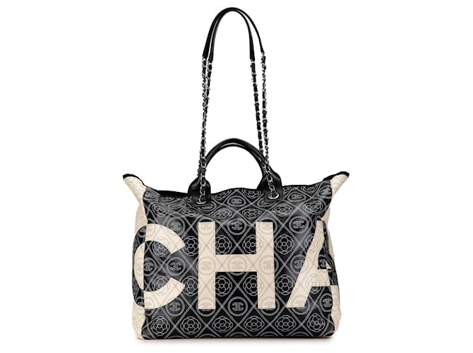 Chanel Black Coated Canvas Camellia Logo Deauville Shopping Tote
