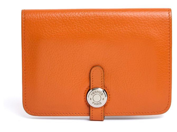 Portefeuille HERMES Dogon GM Double Pli - Cuir Fjord Orange - Occasion Bon état - GHW