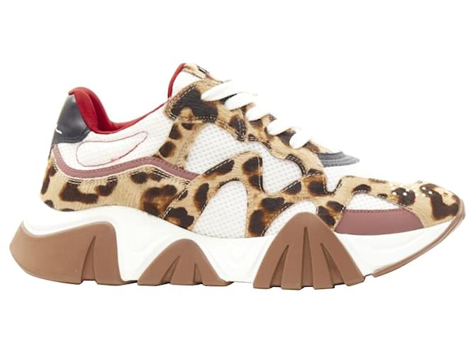 Versace Squalo Brown Leopard Calfskin White Mesh Chunky Sneakers