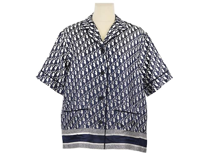トップス christian dior Christian Dior Navy Blue Oblique Monogram Short Sleeve Shirt
