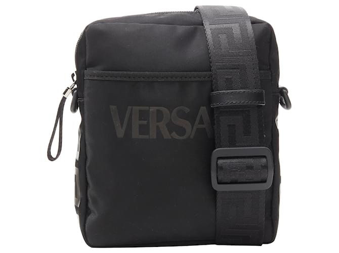 new VERSACE La Greca Vintage 90s Logo print black nylon
