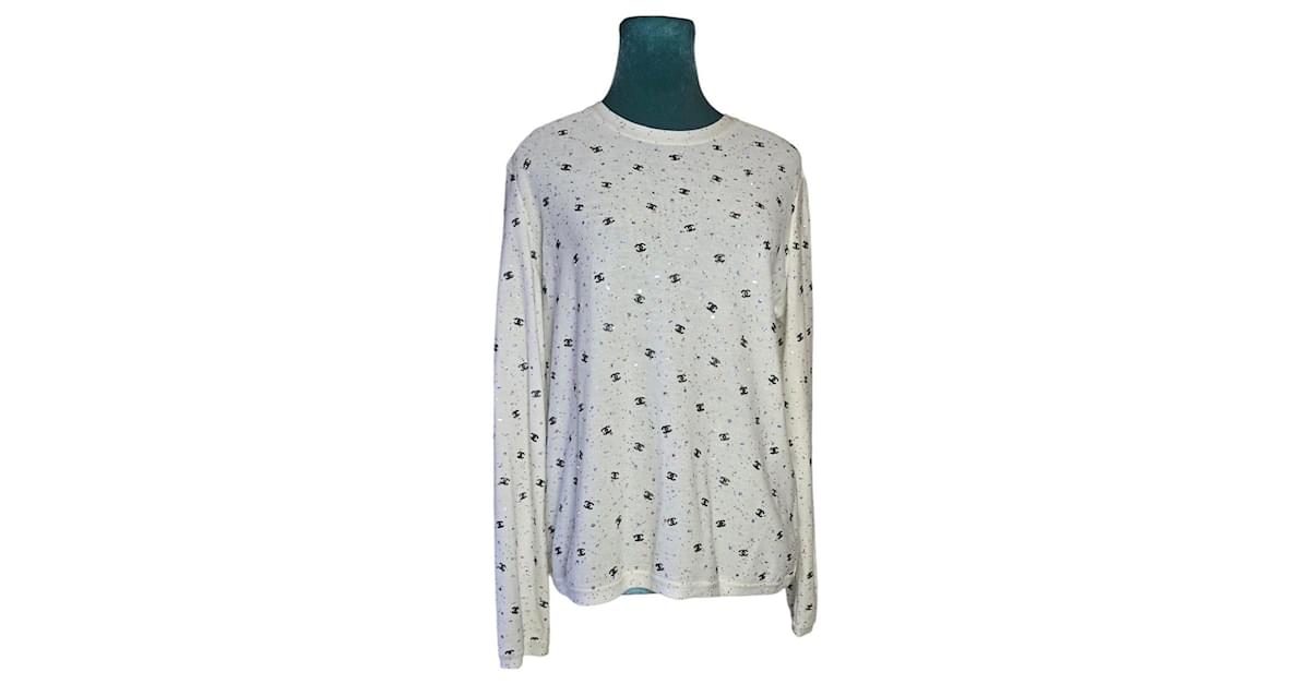 Chanel 20S White CC Logo Sequin Embroidered Long Sleeve Top