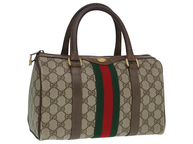 GUCCI GG Supreme Web Sherry Line Boston Bag PVC Beige Red 69