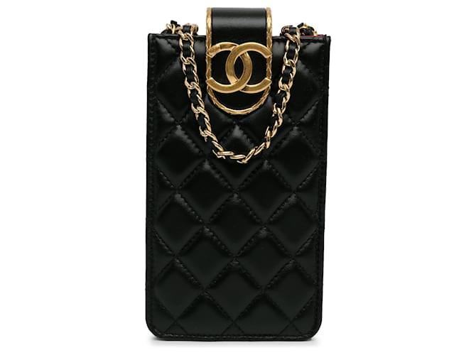 Black Chanel CC Quilted Lambskin Phone Holder with Chain