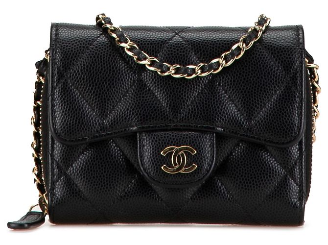 Black Chanel Classic Caviar Coin Pouch with Chain Crossbody Bag Leather ...