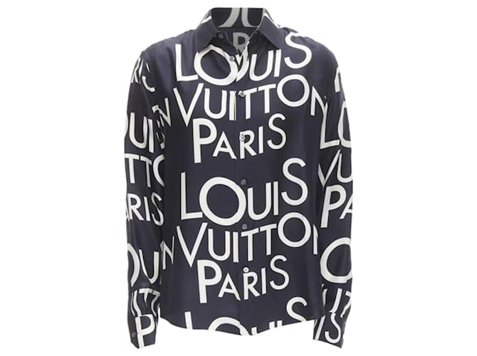 入手困難♪【LOUIS VUITTON】Typography Silk Navy White Shirt LOUIS VUITTON VIRGIL ABLOH 100% silk navy white typography