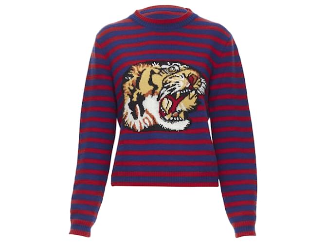 GUCCI 100% wool blue red striped Tiger embroidery long sleeve