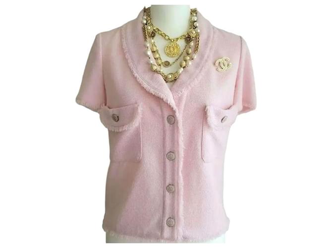 Chanel 2008 Runway Coco Line Pink Wool Boucle Short Sleeve Top