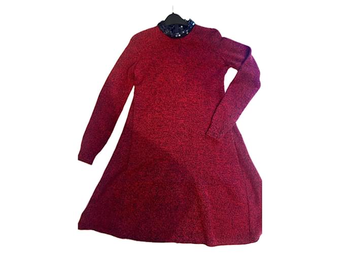 Dior Cashmere dress with navy rhinestone collar Dark red ref.1669099 - Joli Closet Dior Cashmere dress with navy rhinestone collar Dark red ref.1669099 - Joli Closet