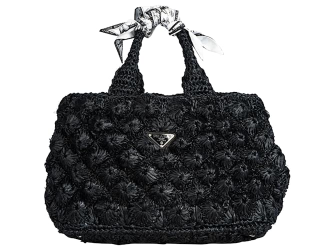 Prada Raffia Bandana Canapa Shopper Bag Black Cloth ref