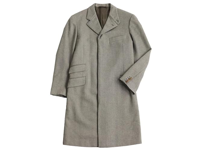 ジャケット・アウター HERMES Khaki Gray wool Stand collar Coat Hermès HERMES Wool Elastane Chester Coat Gray 48 Brown Cloth