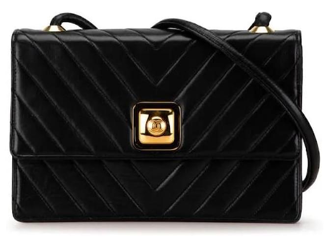 Chanel Vintage 90's CC Medium Black Chevron Lambskin Crossbody - Main Image
