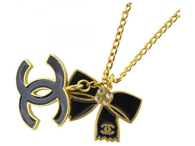 Chanel Necklace Coco Mark Ribbon Motif Black Golden Gold