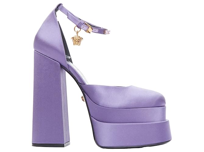 Versace Aevitas Lilac Satin Gold Crystal Medusa Platform Purple