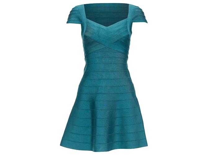 herve leger green bandage dress HERVE LEGER teal green cap sleeve sweetheart fit flare bandage dress S main image 1