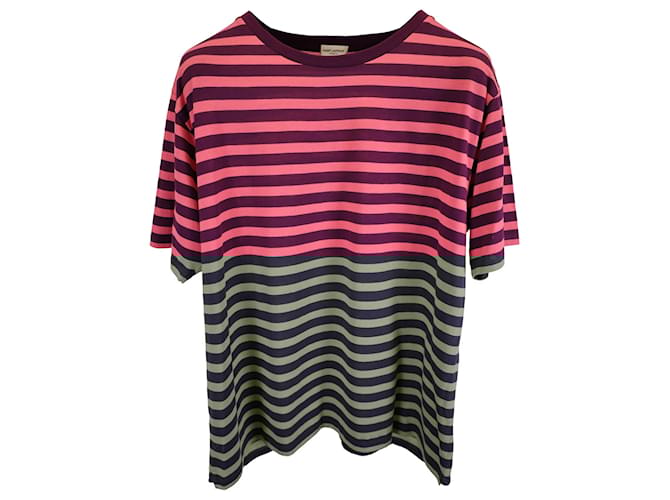 Saint Laurent★素敵！Blue Cotton Striped Crewneck T-shirt Saint Laurent Men's Blue Cotton Striped Crewneck T-shirt