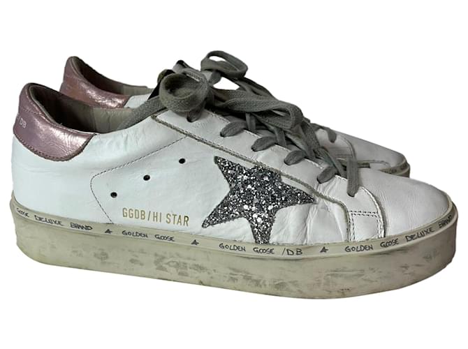 【関税&送料込】Golden  Sneaker Hi Star In Pelle Hi Star with platinum metallic leather star and glitter heel tab