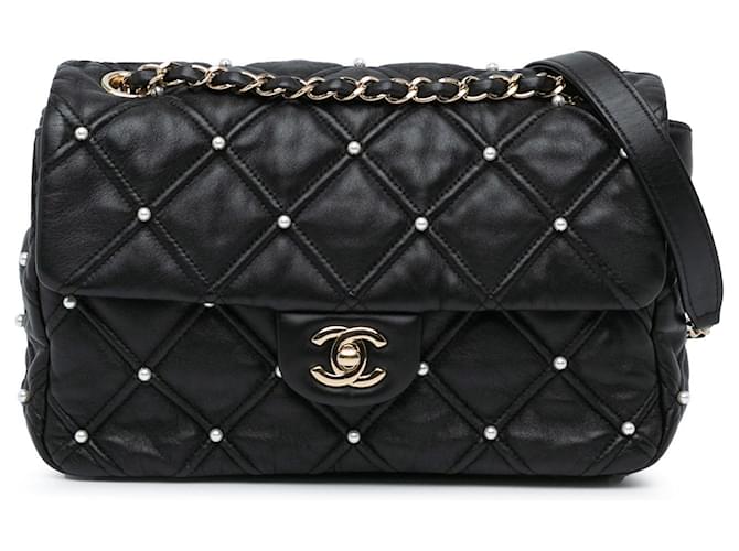 Black Chanel Medium Quilted Lambskin Pearl Studs Flap Shoulder Bag