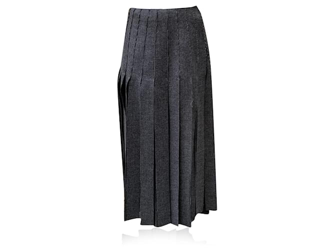 Double Prada Grey Virgin Wool Fringed Skirt Midi Skirt with Lining
