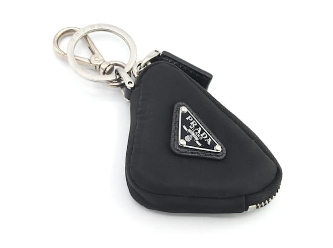 Prada Key Holder Triangle Pouch Black Leather Nylon ref.JC1731165