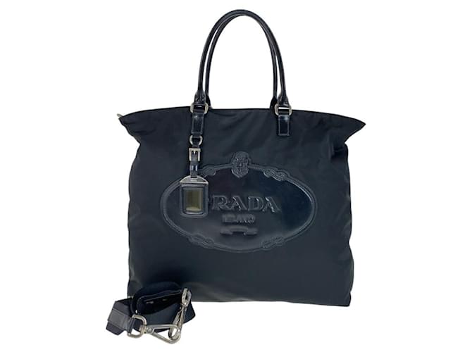 Prada Nylon Tessuto Logo Embossed Tote Bag Black Cloth ref