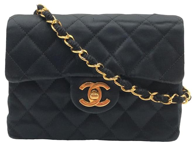 Chanel Vintage Mini Matelasse Satin Shoulder Bag Black Cloth ref