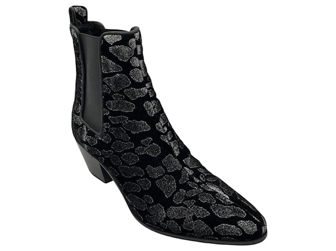 Botines de terciopelo leopardo negro con purpurina Saint Laurent