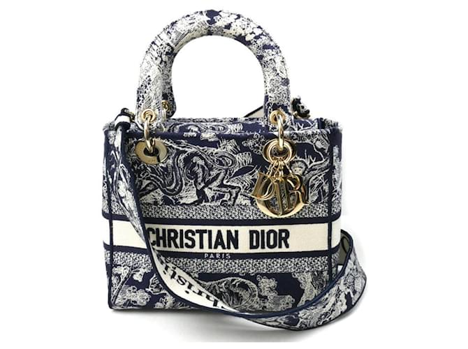 Christian Dior Lady D-Lite Medium 2-Way Shoulder Bag White Navy