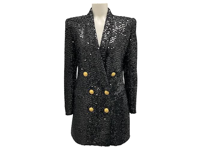 balmain sequin blazer dress Vestido blazer de lentejuelas negro / dorado con botones dobles Balmain  Poliéster ref.JC1757321 (Vendido)