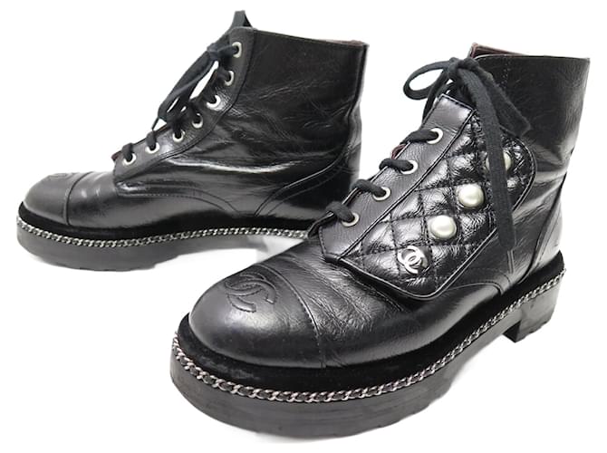 CHANEL QUILTED COMBAT BOOTS WITH PEARLS 37 SHOES Black Leather ref