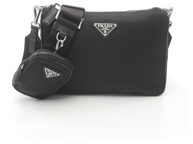 Prada Nylon Saffiano Leather Shoulder Bag Black Cloth