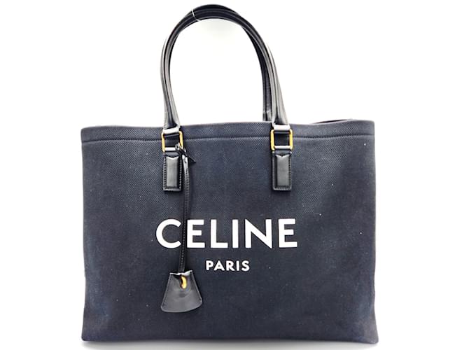 Céline Celine Horizontal Cabas Tote Bag Black Leather Cloth ref