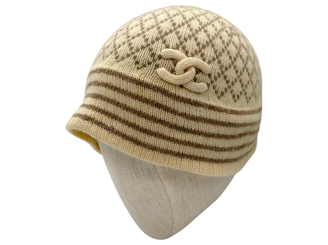 Chanel Ivory Taupe CC Logo Cashmere Knit Beanie Hat Cream ref